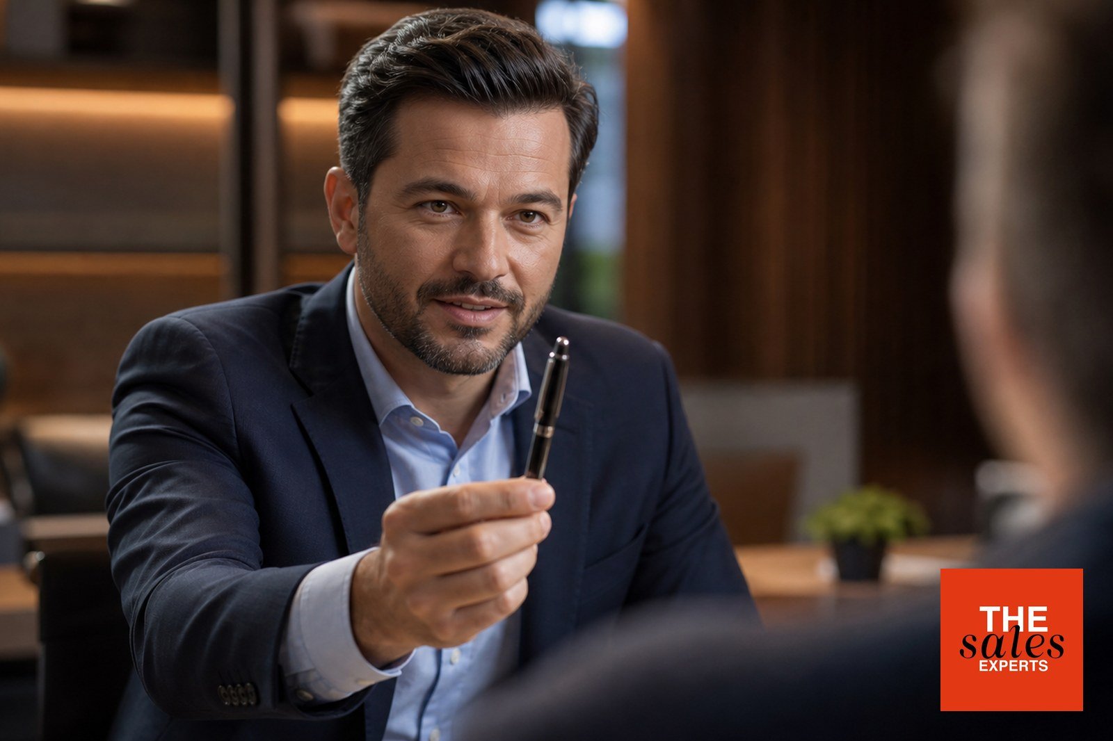 Sales professional offering a pen during a consultative sales interview