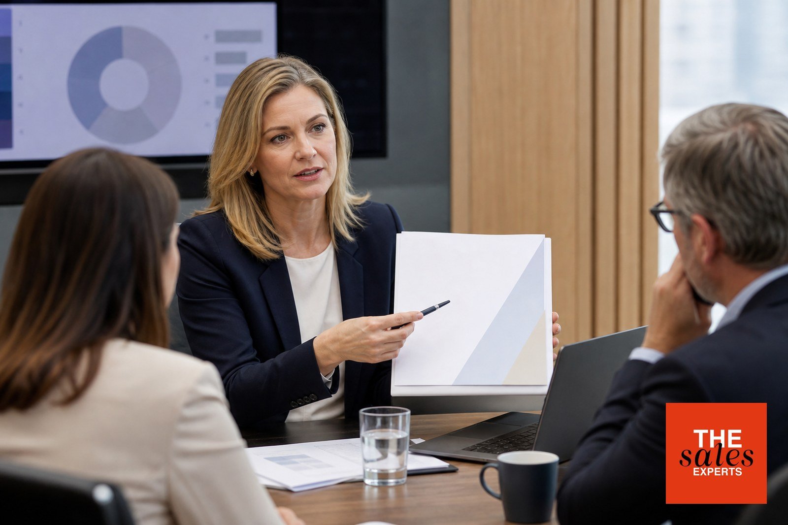 Sales director leading a B2B stakeholder discussion in a boardroom