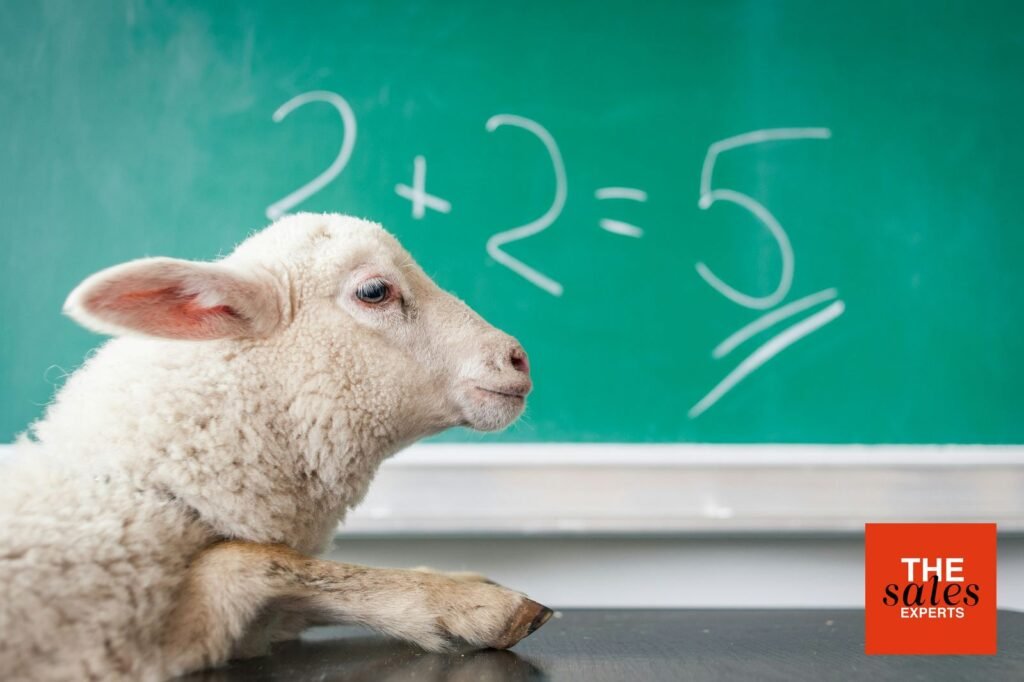 Lamb in front of a classroom board for B2B sales mistakes article