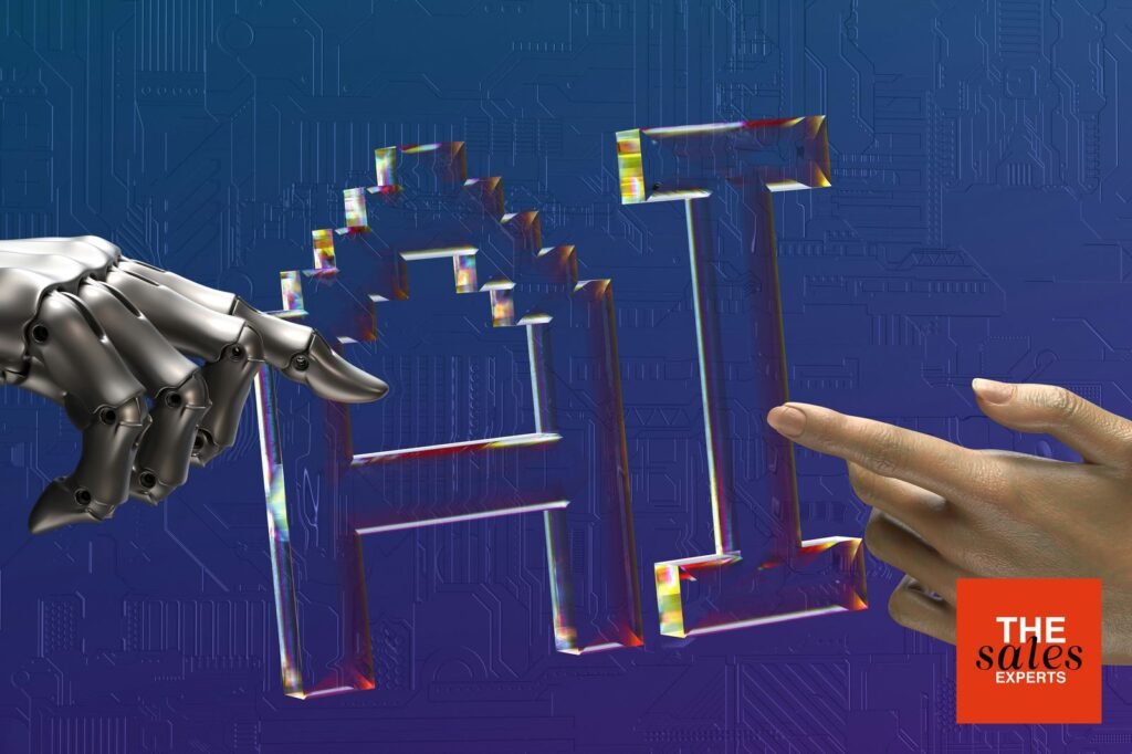 Human and robotic hands pointing at AI letters for recruitment article