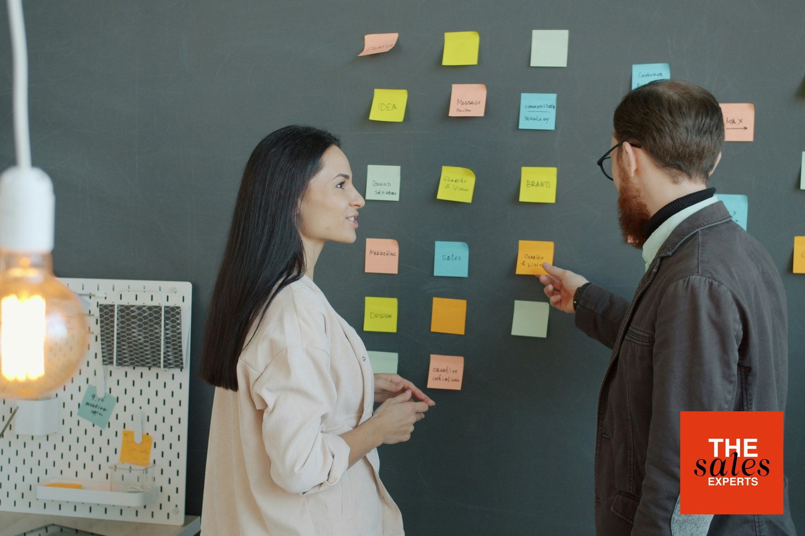 Sales colleagues reviewing a planning board before deciding whether to hire